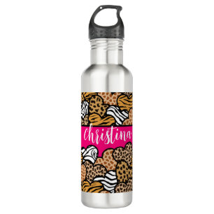 Girly Pink Playful Animal Print Hearts Name 710 Ml Water Bottle