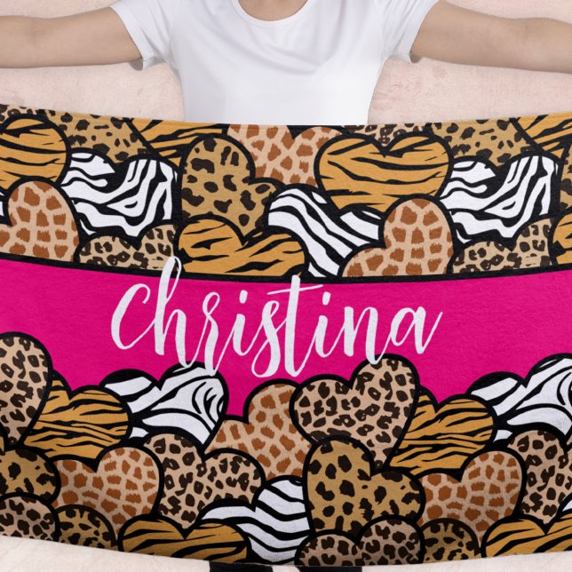 Girly Pink Playful Animal Print Hearts Name  Beach Towel (Creator Uploaded)