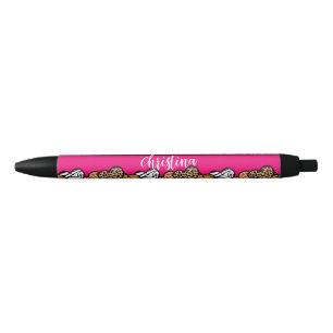 Girly Pink Playful Animal Print Hearts Name  Black Ink Pen