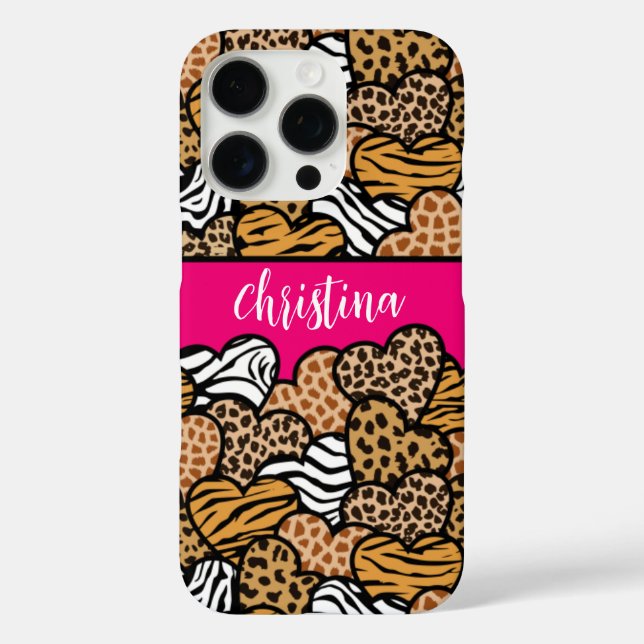 Girly Pink Playful Animal Print Hearts Name  Case-Mate iPhone Case (Back)