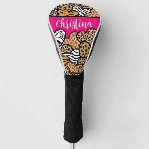 Girly Pink Playful Animal Print Hearts Name Golf Head Cover
