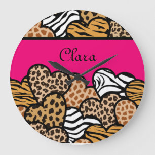 Girly Pink Playful Animal Print Hearts Name Large Clock