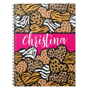 Girly Pink Playful Animal Print Hearts Name Notebook