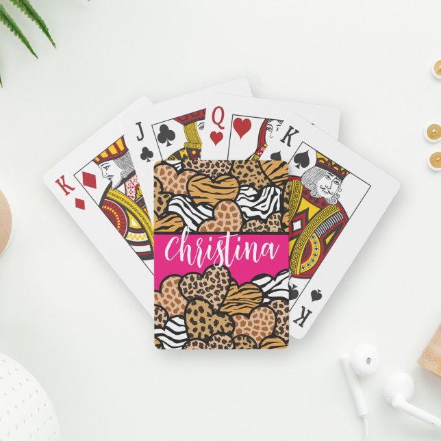 Girly Pink Playful Animal Print Hearts Name  Playing Cards (Creator Uploaded)