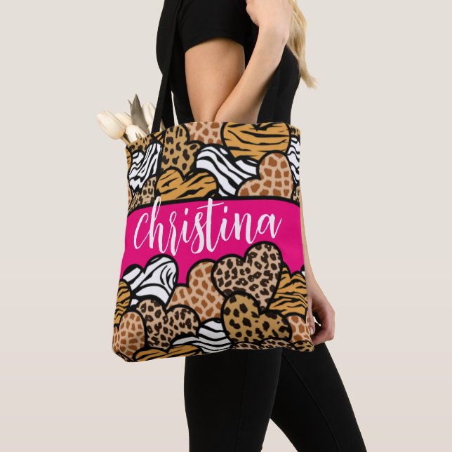 Girly Pink Playful Animal Print Hearts Name  Tote Bag (Close Up)