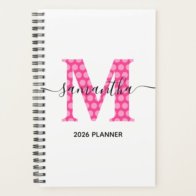 Girly Pink Polka Dot Monogram Planner (Front)