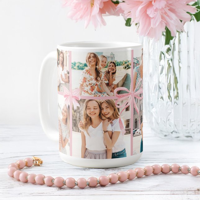 Girly Pink Polka Dot Ribbon Photo Collage Keepsake Coffee Mug (Girly Pink Polka Dot Ribbon Photo Collage Keepsake Coffee Mug)