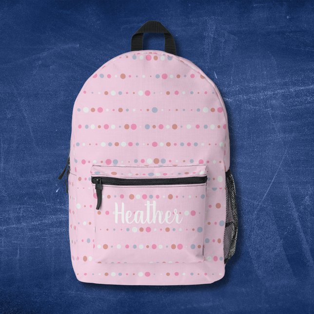 Girly Pink Polka Dots Monogram Name Printed Backpack (Creator Uploaded)