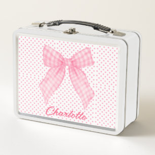 Girly Pink Polka Dots Watercolor Pink Gingham Bow Metal Lunch Box