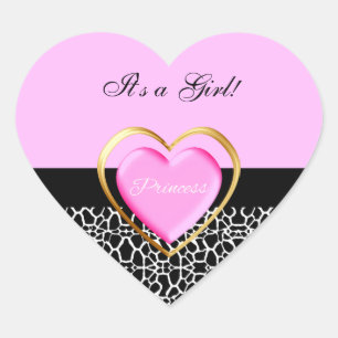 Girly Pink Princess Baby Shower Giraffe Print Heart Sticker