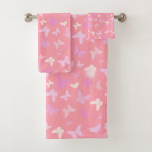 Girly Pink Purple Butterflies And Stars Seamless Bath Towel Set