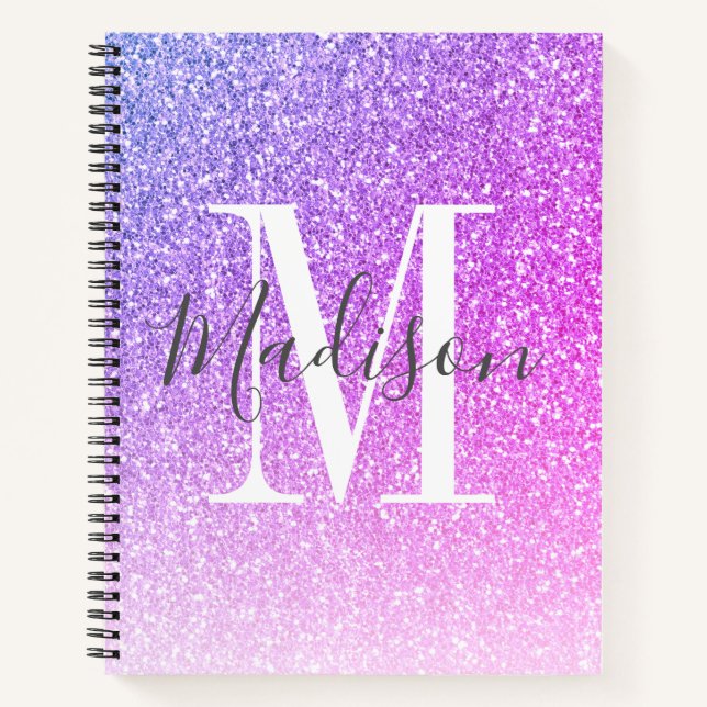 Girly Pink Purple Glitter Monogram Name Notebook (Front)