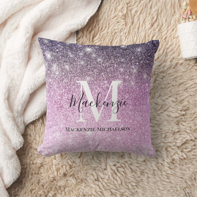 Girly Pink Purple Ombre Glitter Monogram Name   Cushion (Blanket)