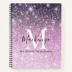 Girly Pink Purple Ombre Glitter Monogram Name Notebook