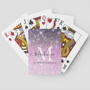 Girly Pink Purple Ombre Glitter Monogram Name Playing Cards