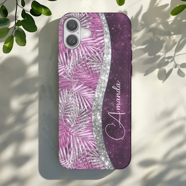 Girly pink purple silver glitter leaves monogram Case-Mate iPhone case (Creator Uploaded)