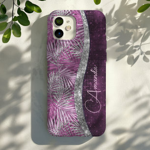 Girly pink purple silver glitter leaves monogram iPhone 16 pro case