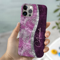 Girly pink purple silver glitter leaves monogram