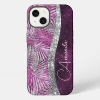 Girly pink purple silver glitter leaves monogram