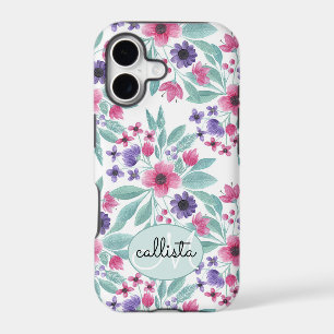 Girly Pink Purple Teal Watercolor Floral Monogram