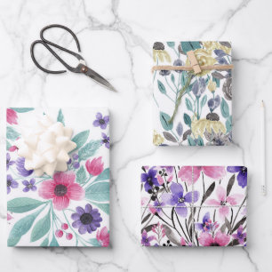 Girly Pink Purple Teal Watercolor Floral Pattern Wrapping Paper Sheet