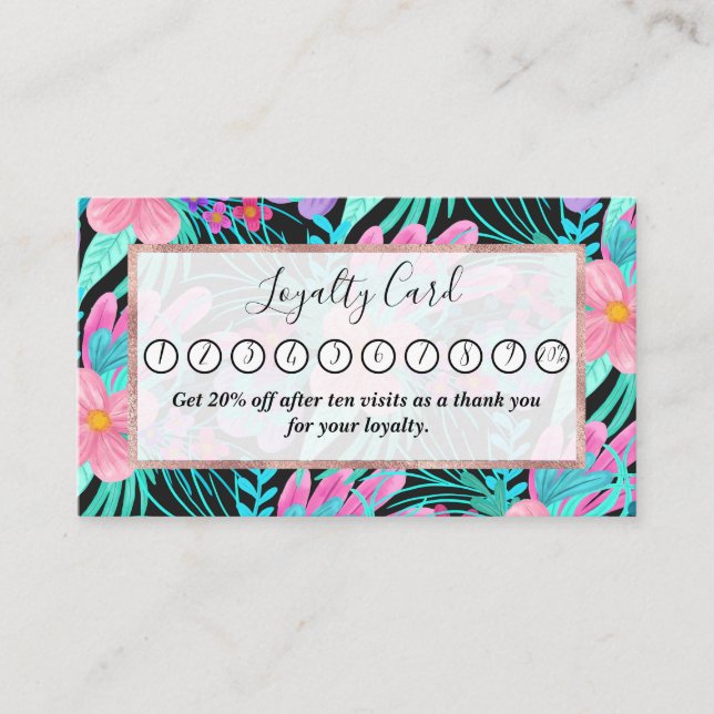 Girly Pink Purple Teal Watercolor Flowers Leaves Loyalty Card (Front)