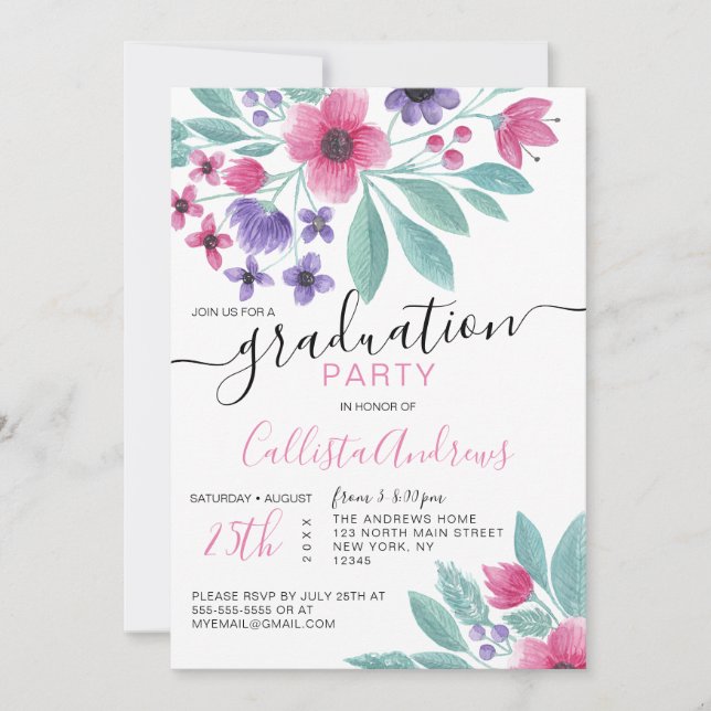 Girly Pink Purple Watercolor Floral Graduation Invitation (Front)