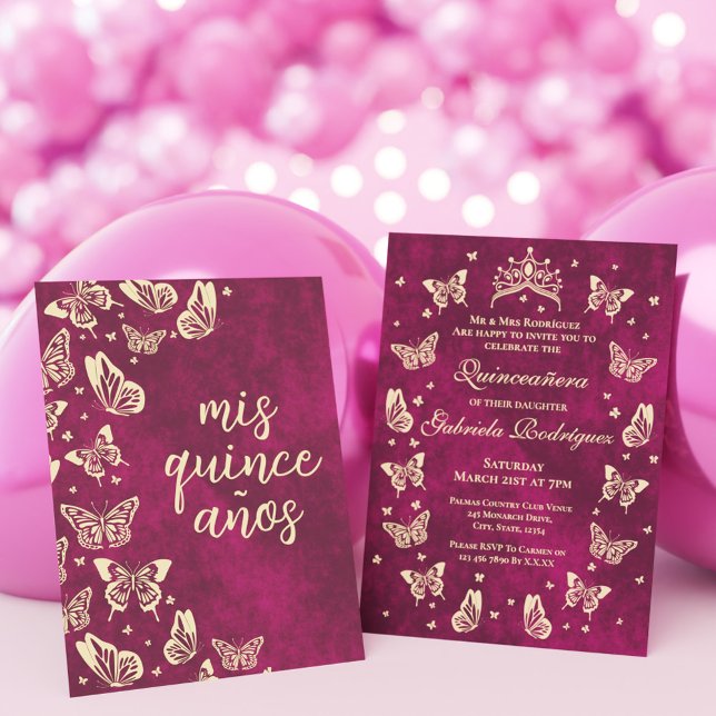 Girly Pink Quinceañera Tiara Butterfly Mis Quince Invitation (Girly Pink Quinceañera Tiara Butterfly Mis Quince Invitation)