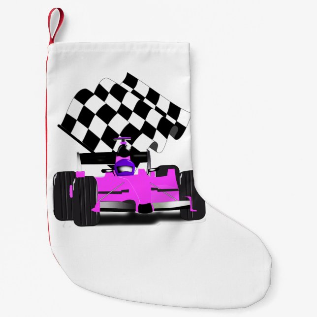 Girly Pink Race Car with Chequered Flag Small Christmas Stocking (Front)