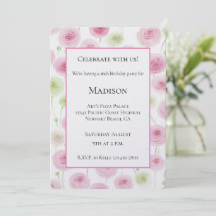Girly Pink Ranunculus Flowers Birthday Invitation