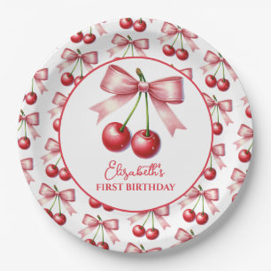Girly Pink Red Coquette Cherry First 1st Birthday Paper Plate