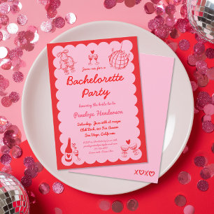 Girly Pink Red Hand Drawn Bachelorette Party Invitation
