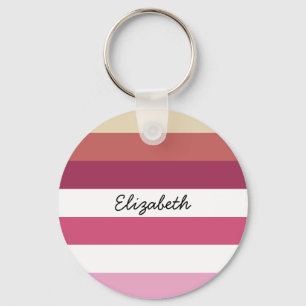 Girly Pink Red Wide Horizontal Stripes With Name Key Ring