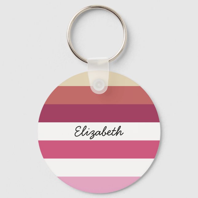 Girly Pink Red Wide Horizontal Stripes With Name Key Ring (Front)