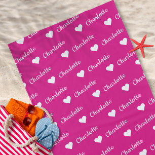 Girly Pink Repeating Name Script Heart Beach Towel