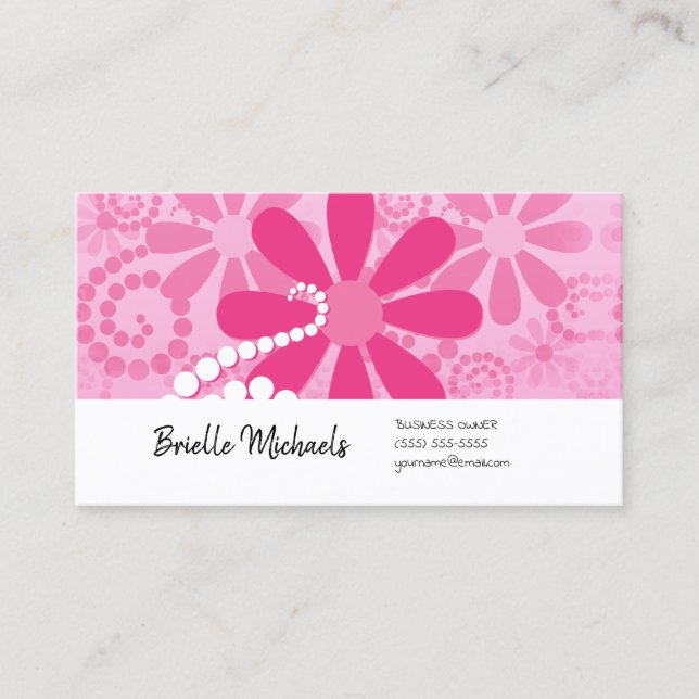 Girly Pink Retro Daisy Flower Cute Floral Pattern Business Card (Front)
