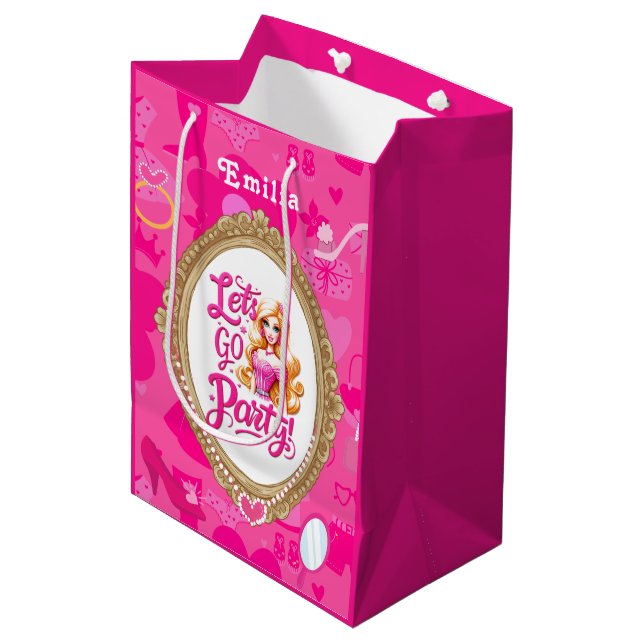 Girly Pink Retro Doll Let's Go Party Birthday Medium Gift Bag (Front Angled)