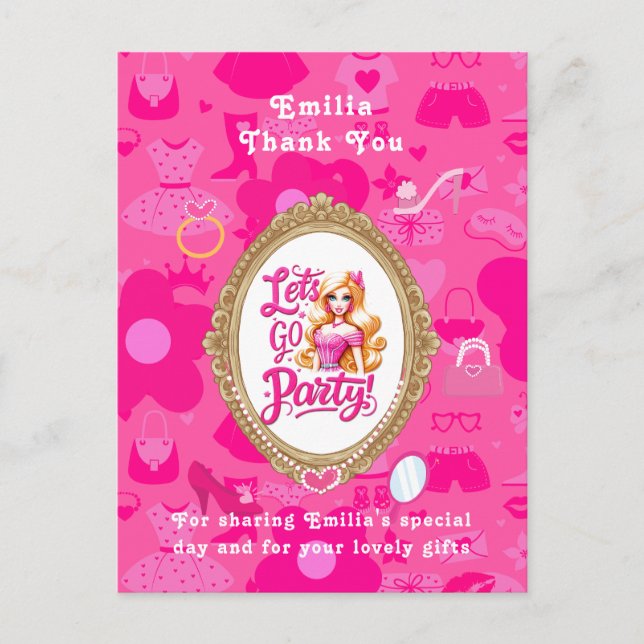 Girly Pink Retro Doll Let's Go Party Birthday Postcard (Front)