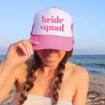 Girly Pink Retro Modern Bride Squad Bachelorette Trucker Hat<br><div class="desc">Fun,  flirty pink with simple vertical block lettering to give to each guest at the bachelorette party. Pretty keepsake favour for your favourite bride squad! Message me if you want something different than what you see here-happy to create something custom for you.</div>