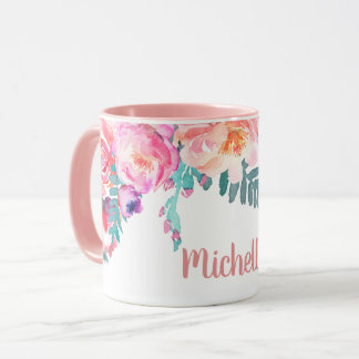 Girly Pink Rose Flowers Elegant Personalised Name Mug