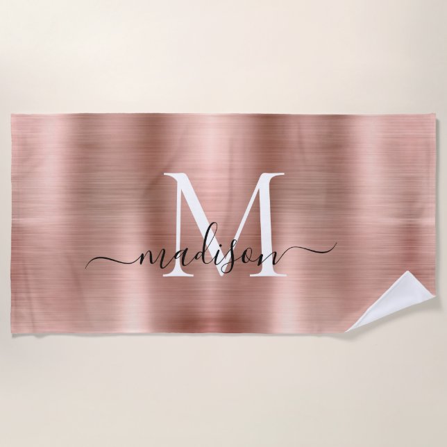 Girly Pink Rose Gold Brushed Metal Script Monogram Beach Towel (Front)
