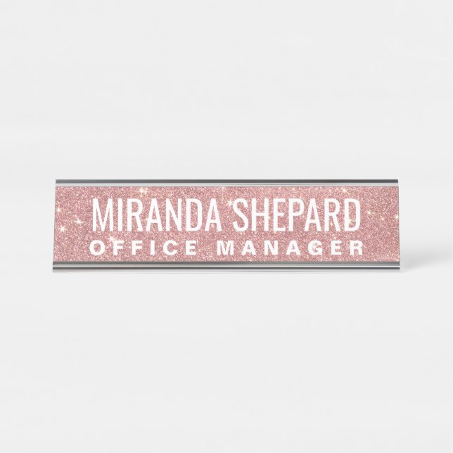 Girly Pink Rose Gold Chic Faux Glitter Pattern Desk Name Plate (Front)
