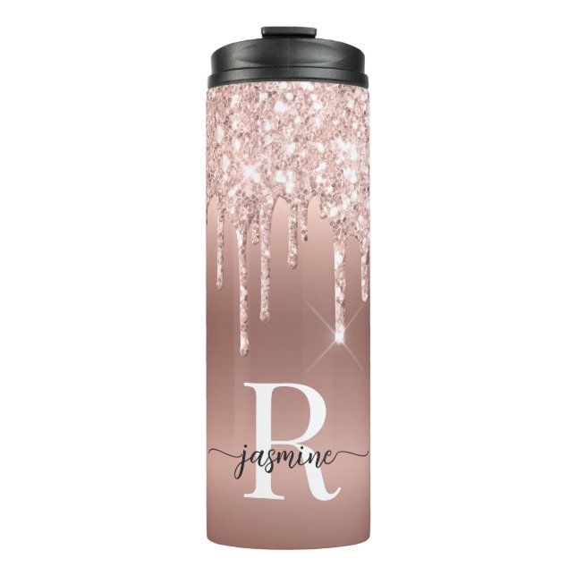 Girly Pink Rose Gold Glitter Drips Ombre Monogram Thermal Tumbler (Front)