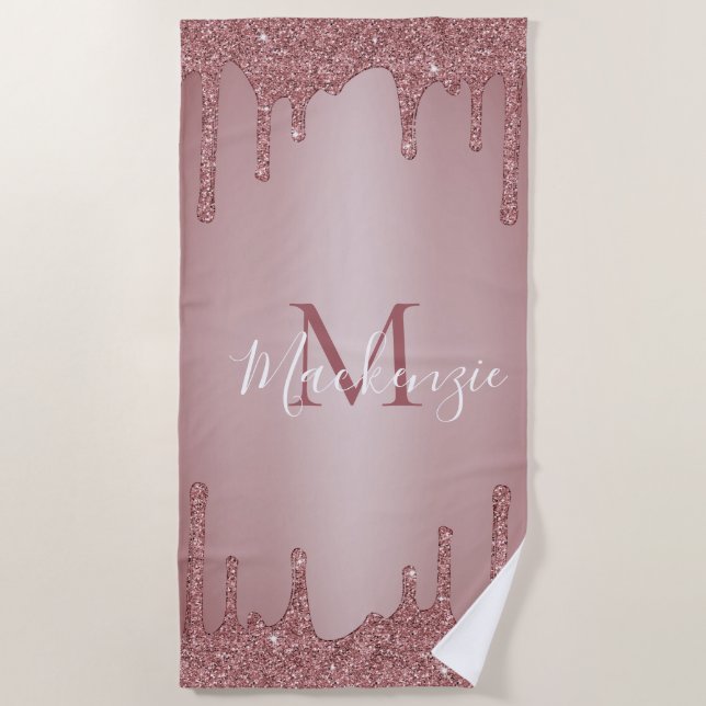 Girly Pink Rose Gold Glitter Sparkle Drips Beach Towel (Front)