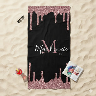 Girly Pink Rose Gold Glitter Sparkle Drips Black Beach Towel