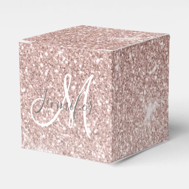 Girly Pink Rose Gold Glitter Sparkles Monogram Favour Box (Front Side)
