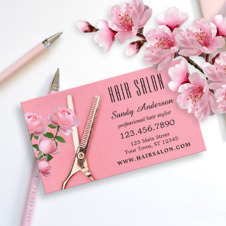 Girly Pink Rose Hair Stylist Business Card