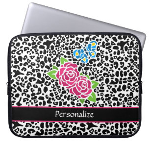 Girly Pink Rose Mosaic Leopard Print With Name Laptop Sleeve