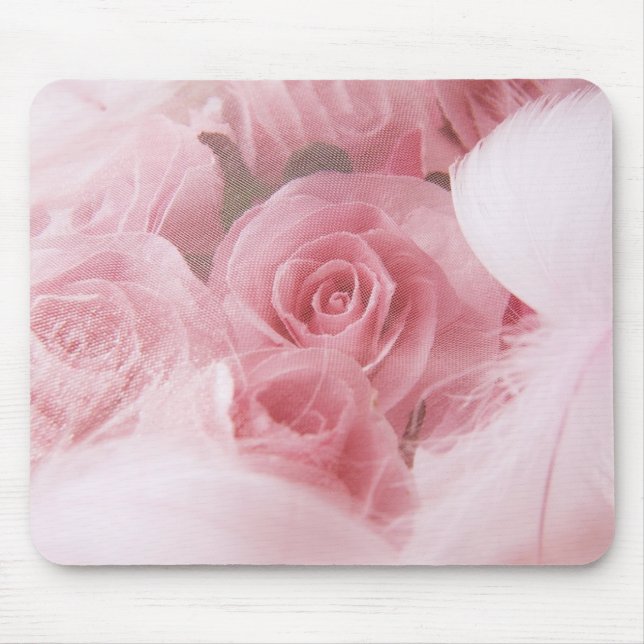 Girly Pink Roses and Feathers Mouse Pad (Front)