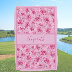 Girly Pink Roses Print custom name ladies Golf Towel